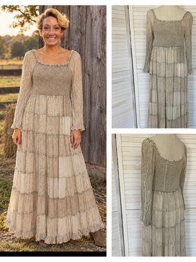 Young Threads Smocked Tiered Maxi Dress in Neutral Taupe-Beige SZ L NWT